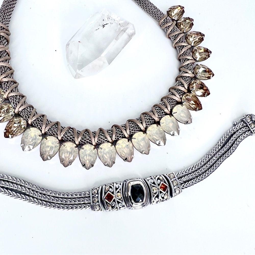 Onyx+Silver Double Rope Bracelet & Citrine Color Rhinestones Statement Necklace